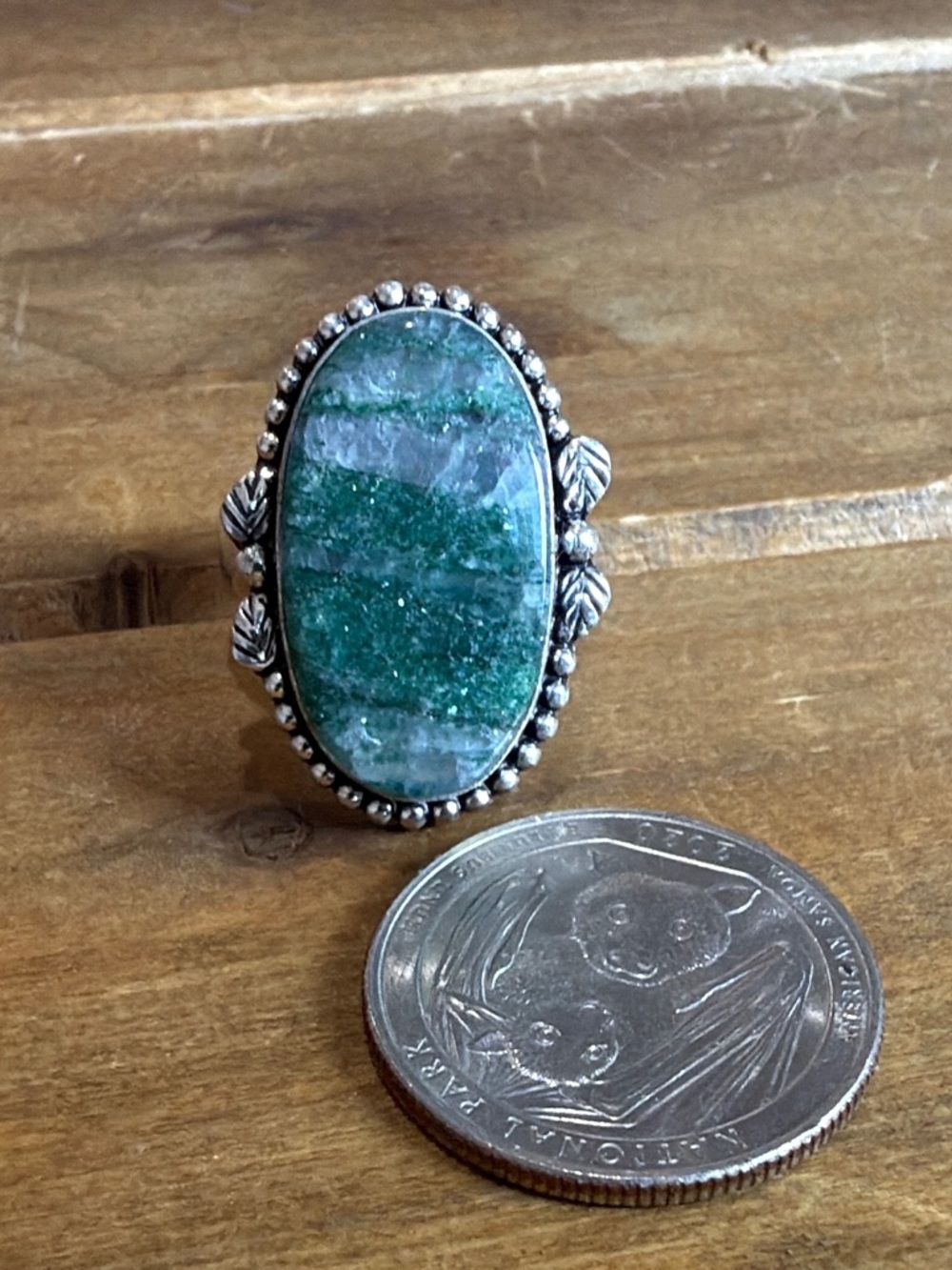 Vintage Style Green Aventurine Gemstone Ring Women Size 7.5 Silver 925 Boho - Picture 2 of 3